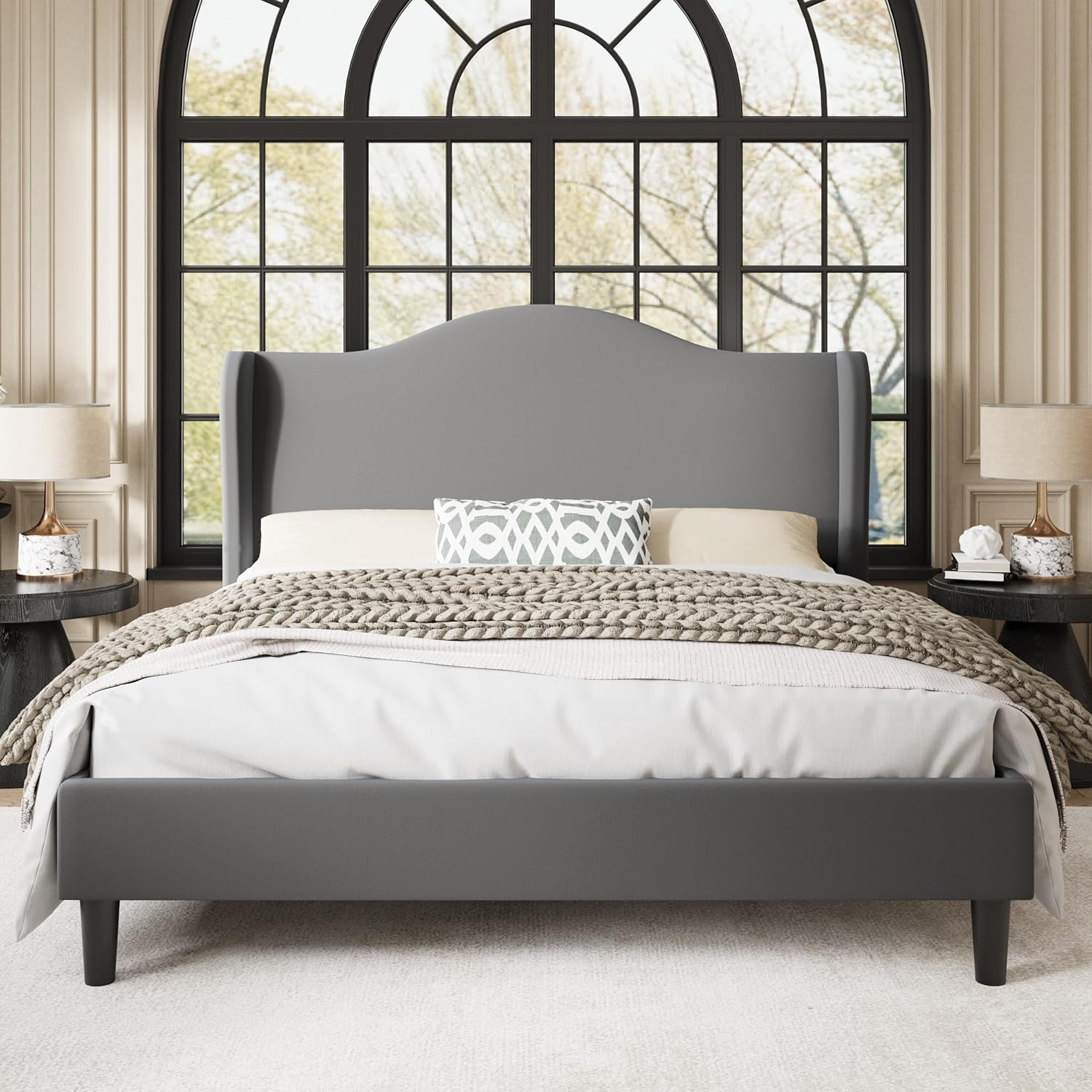 Allewie Full Size Bed Frame, Upholstered Wingback Platform with 47" Tall Tufted Headboard, Plush Velvet Fabric, Modern Minimalist Design, No Box Spring Required, Tool-Free Assembly, Gray