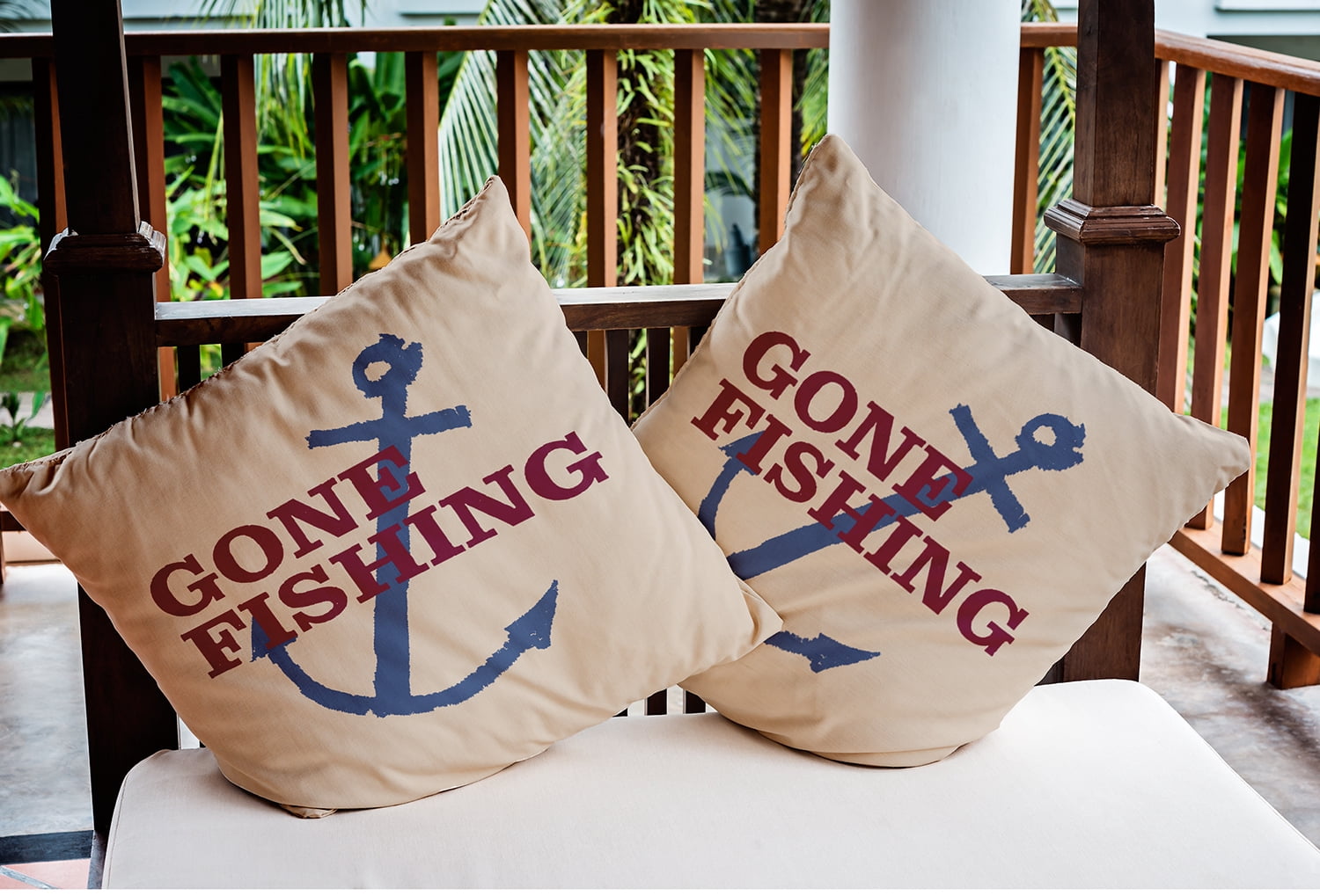 16" x 16" Simply Daisy Gone Fishing Indoor/Outdoor Pillow, Maroon Red Qty 1