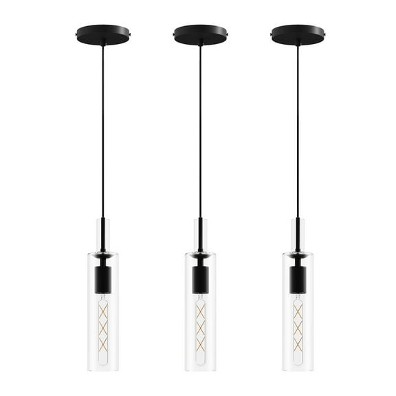 3-Pack Matte Black Pendant Lights - Adjustable Height (14-98"), Industrial Glass Island Lighting Set for Kitchen, Dining Room & Hallway (Bulbs Not Included)