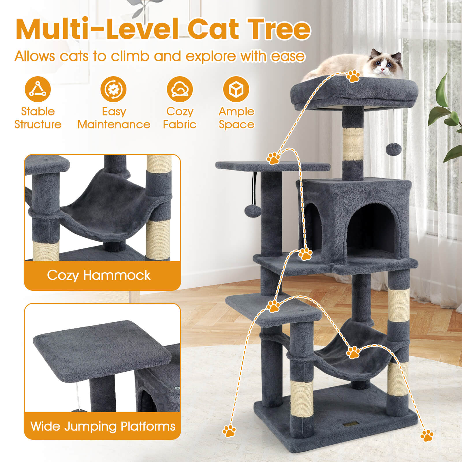 Costway 44” Tall Multi-level Cat Tree with Cushion Top Perch, 2-Entrance Large Cat Condo Dark Gray