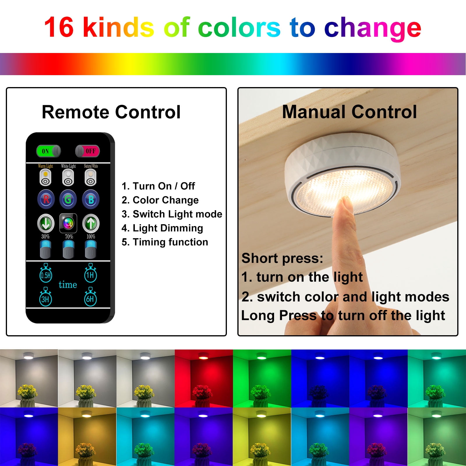 Onumii LED Puck Lights Battery Operated LED Under Cabinet Lighting Wireless Stick on Tap Lights with Remote Controll Color Changing Timer Function for Cabinets, Shelves, Closets - 6Pack White