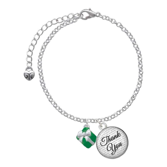Delight Jewelry Silvertone Small 3-D Green Present with Bow - Domed Thank You Charm Bracelet, 6"+2"