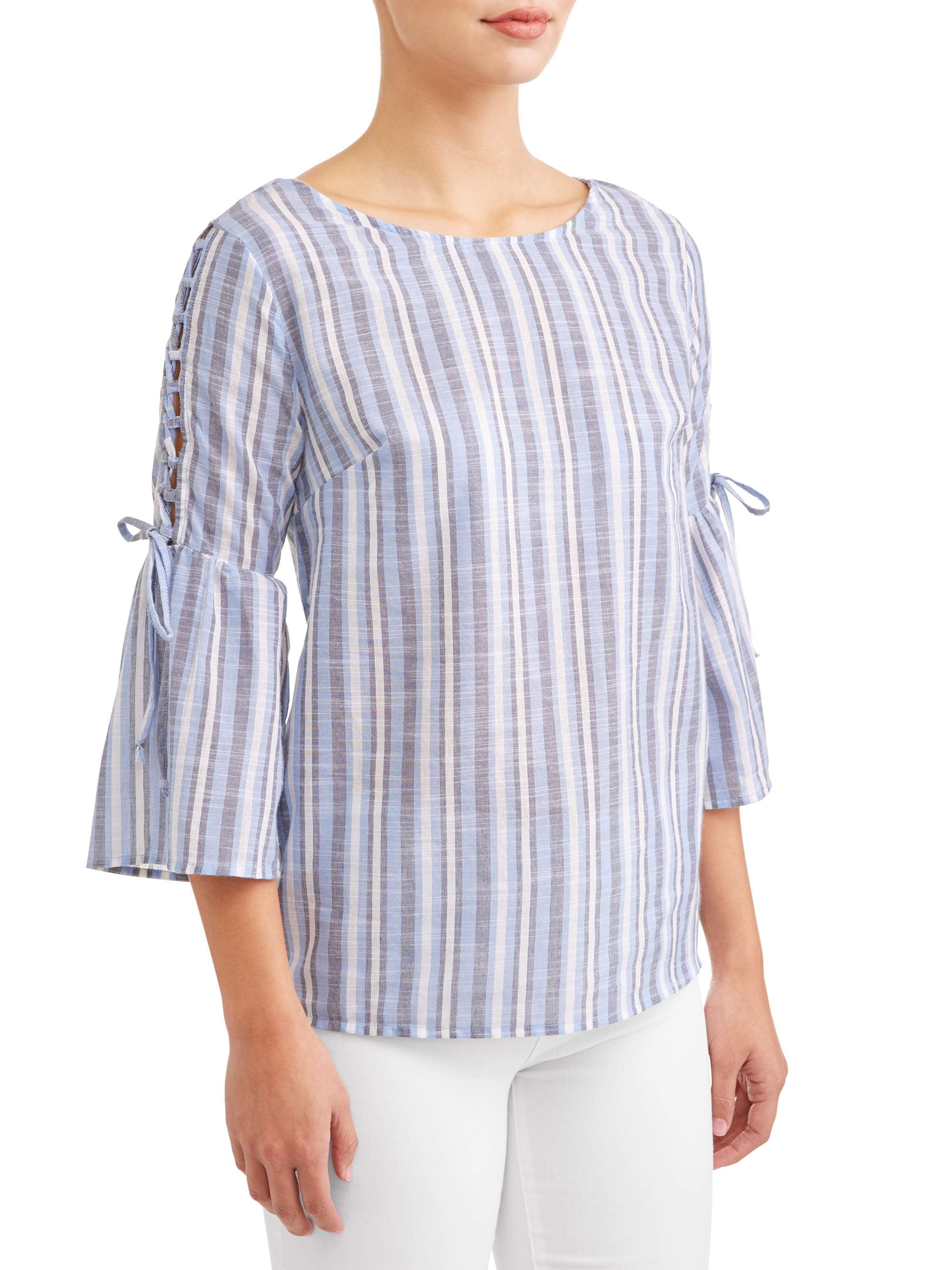 Allison Brittney - Women's Bell Sleeve Lace Up Stripe Top - Walmart.com ...