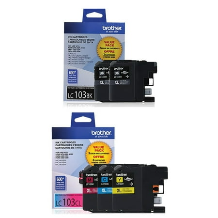 Black Ink Cartridge Set Brother Genuine LC103 High Yield Black Ink 2-Pack and Color Ink Cartridge Set (LC1032PKS, LC1033PKS) ()