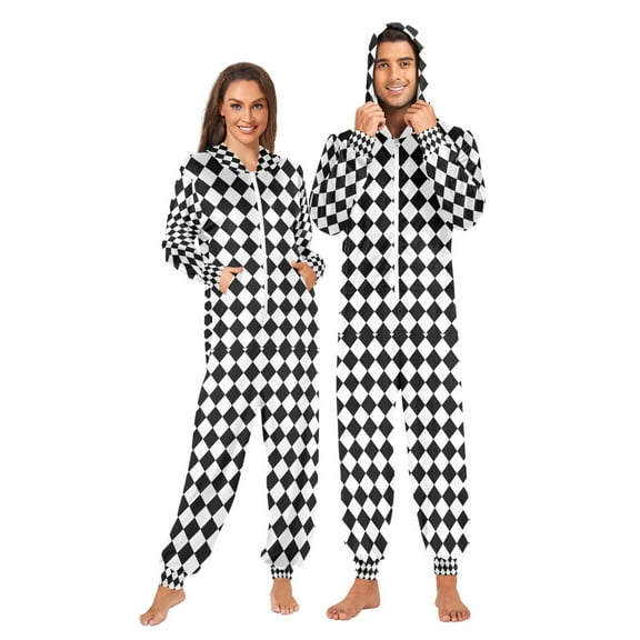 FORMRS Onesies Pajama for Adults Unisex Hoodie Winter Jumpsuit One Piece Sleepwear, Sizes S-2XL, Black and White Geometric
