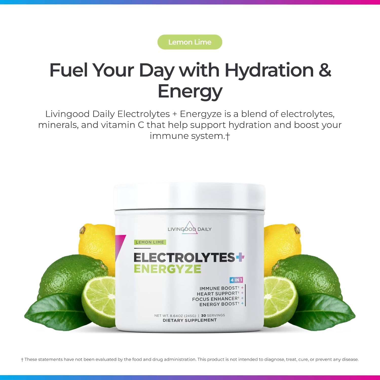 Livingood Daily Electrolytes Powder Lemon Lime, 30 Servings - 4in1 Hydration Powder Sugar Free Electrolyte Drink Mix