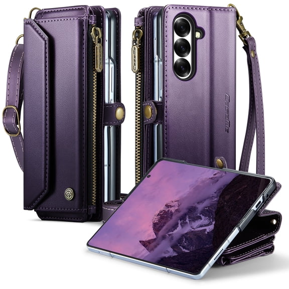 GJL RFID Blocking Crossbody Wallet Case for Samsung Galaxy Z Fold8 Ultra with Detachable Shoulder Strap and Wristlet, PU Leather Shockproof Cover with Card Slots, Zipper Coin Pocket, Purple