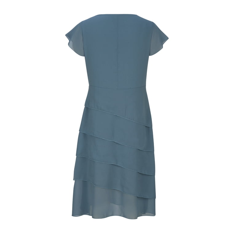 Frsasu Women's Chiffon Ruffle Midi Dress Short Sleeve Asymmetrical Hem Elegant Wedding Guest Cocktail Party Formal Dress Navy