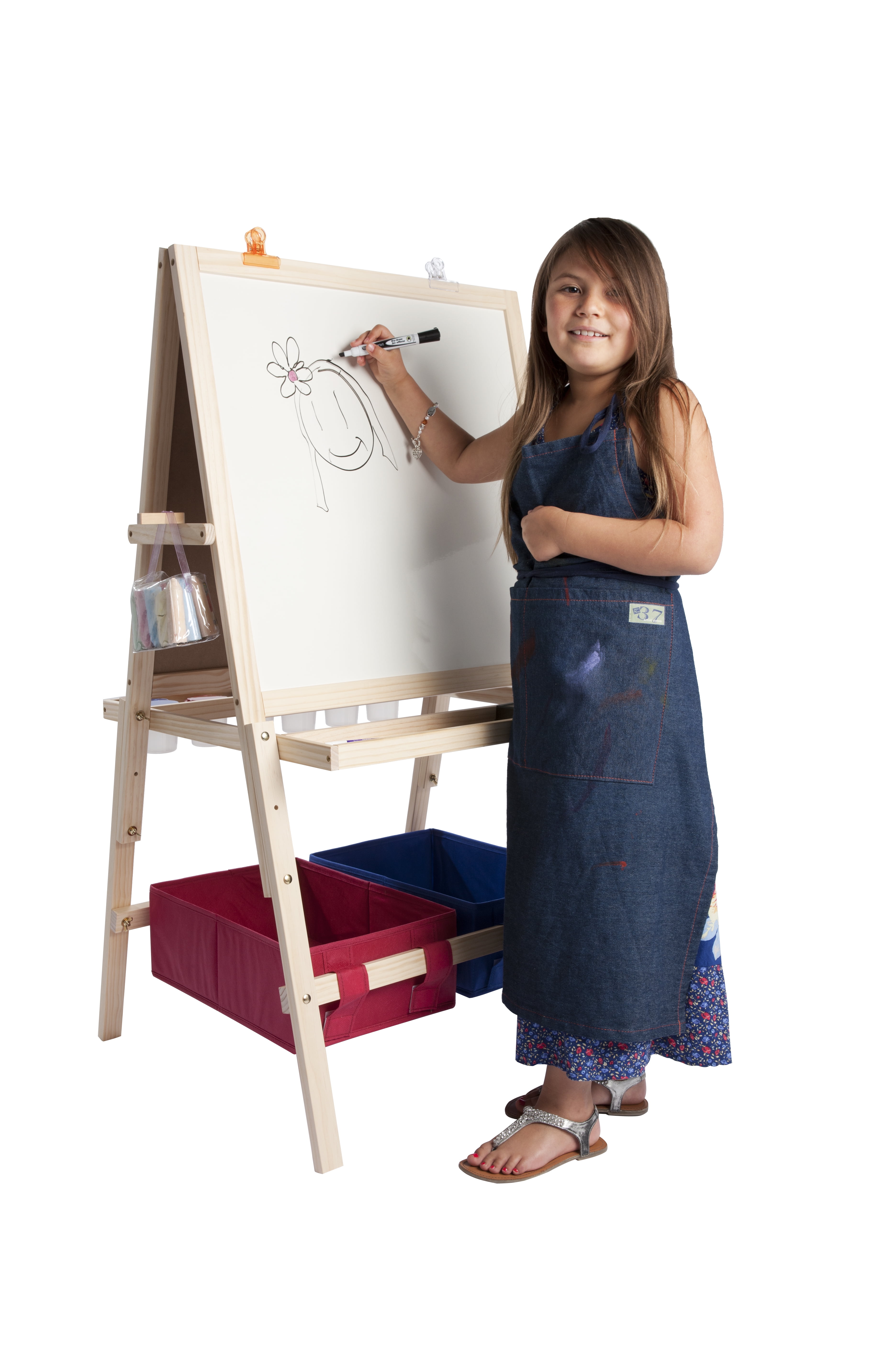 First Impressions Children's Art & Play Easel, Adjustable to Grow with Child - Includes Whiteboard & Chalkboard w/ Accessories & Plastic Storage Bins Included - Natural Light Wood Finish