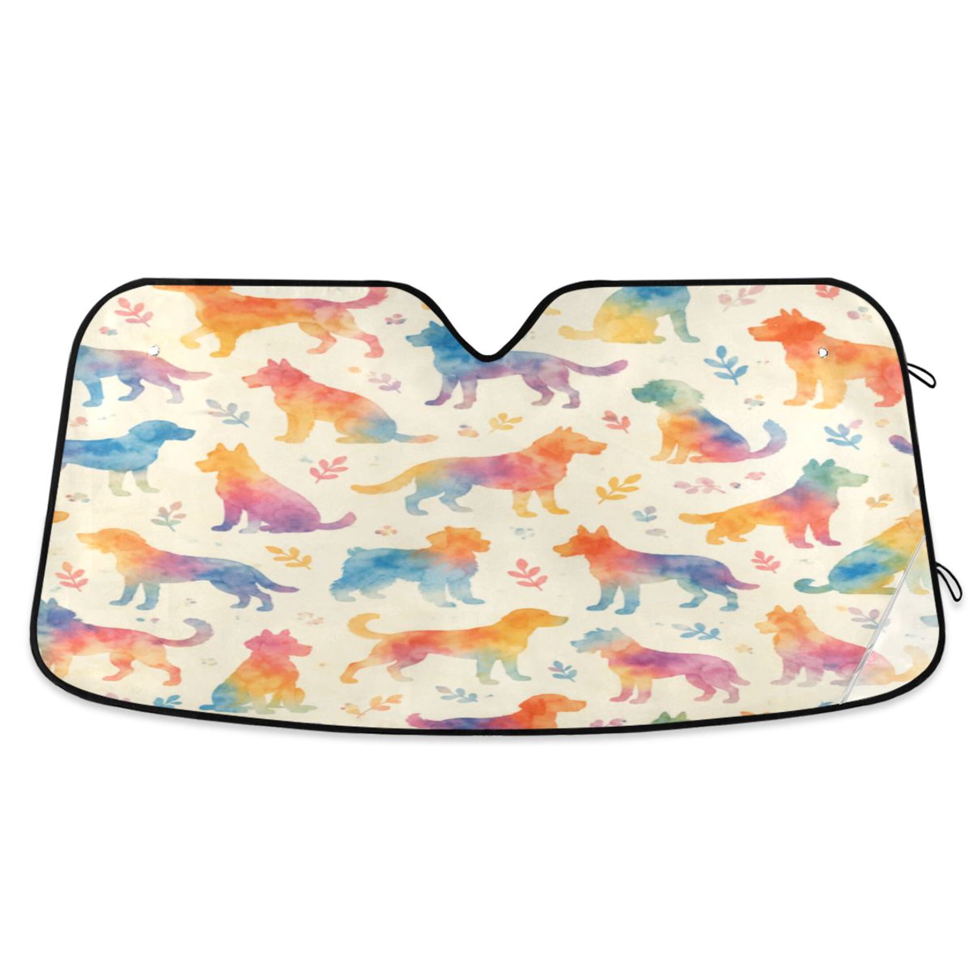 Foldable Car Windshield Sunshade UV Sun Visor Protector Blocks UV Rays Keeps Vehicle Cool 53x23.5 Inch Watercolor Cute Dog Pattern