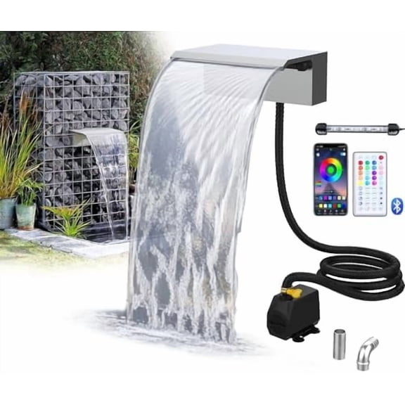 Stainless Steel Waterfall Spillway, APP Control Multi- LED Light Outdoor Pool Fountain, Water Spillway Koi Pond Waterfalls Fountains Kit for Garden Patio Swimming Pool Decoration-11.8"