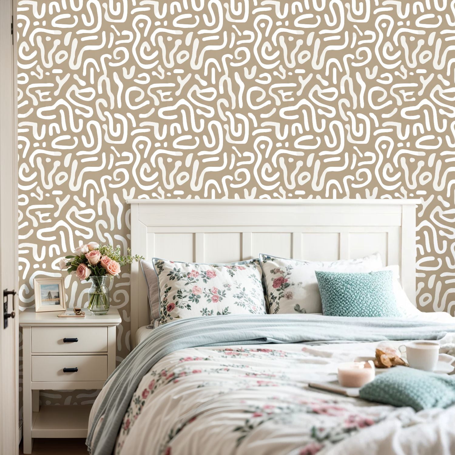 Peel and Stick Wallpaper Abstract Beige White Curvy Lines Design 24in x 118in Contact Paper Removable Self Adhesive Wall Mural Wall Decor for Bedroom Kitchen Cabinets
