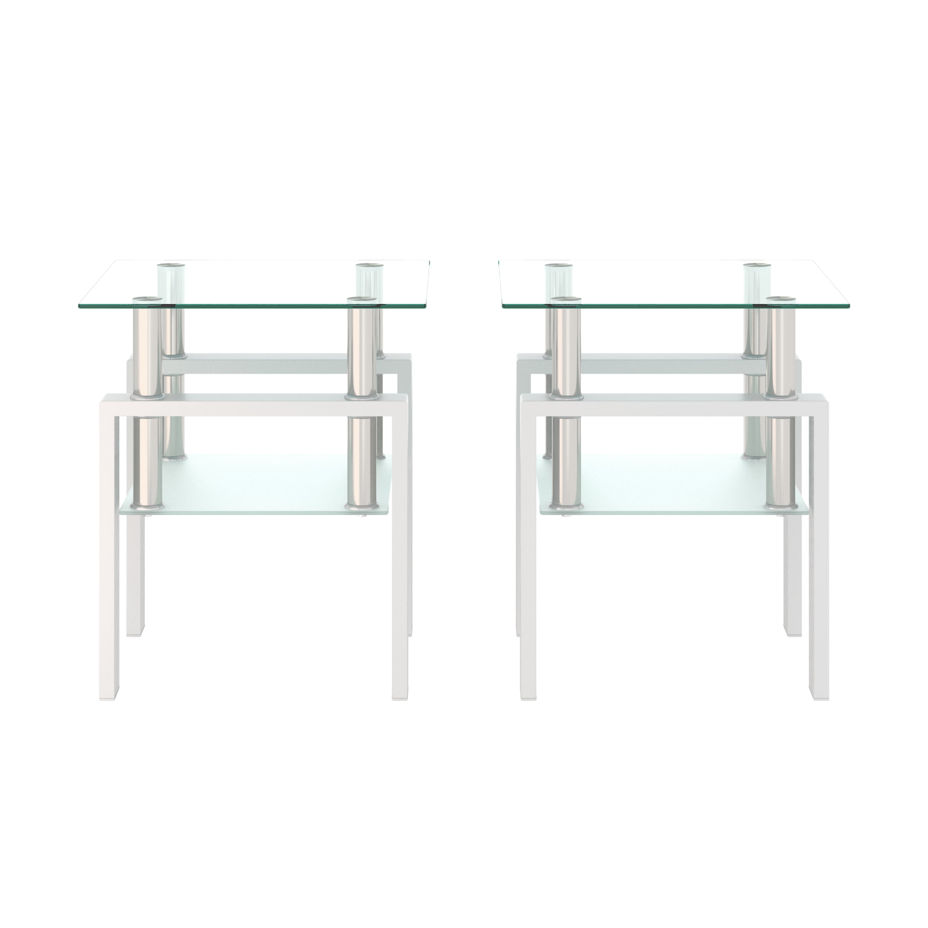 Set of 2 Glass End Tables 17.72 Inch, Modern Square Side Tables with Tempered Glass Top and Metal Legs for Living Room Bedroom, Transparent and White