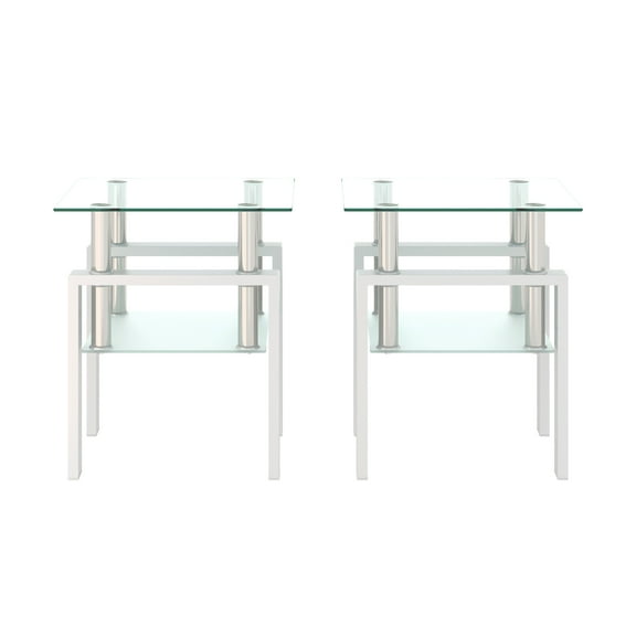 Modern Tempered Glass Tea Coffee End Tables Set of 2, Living Room Furniture, Transparent/White