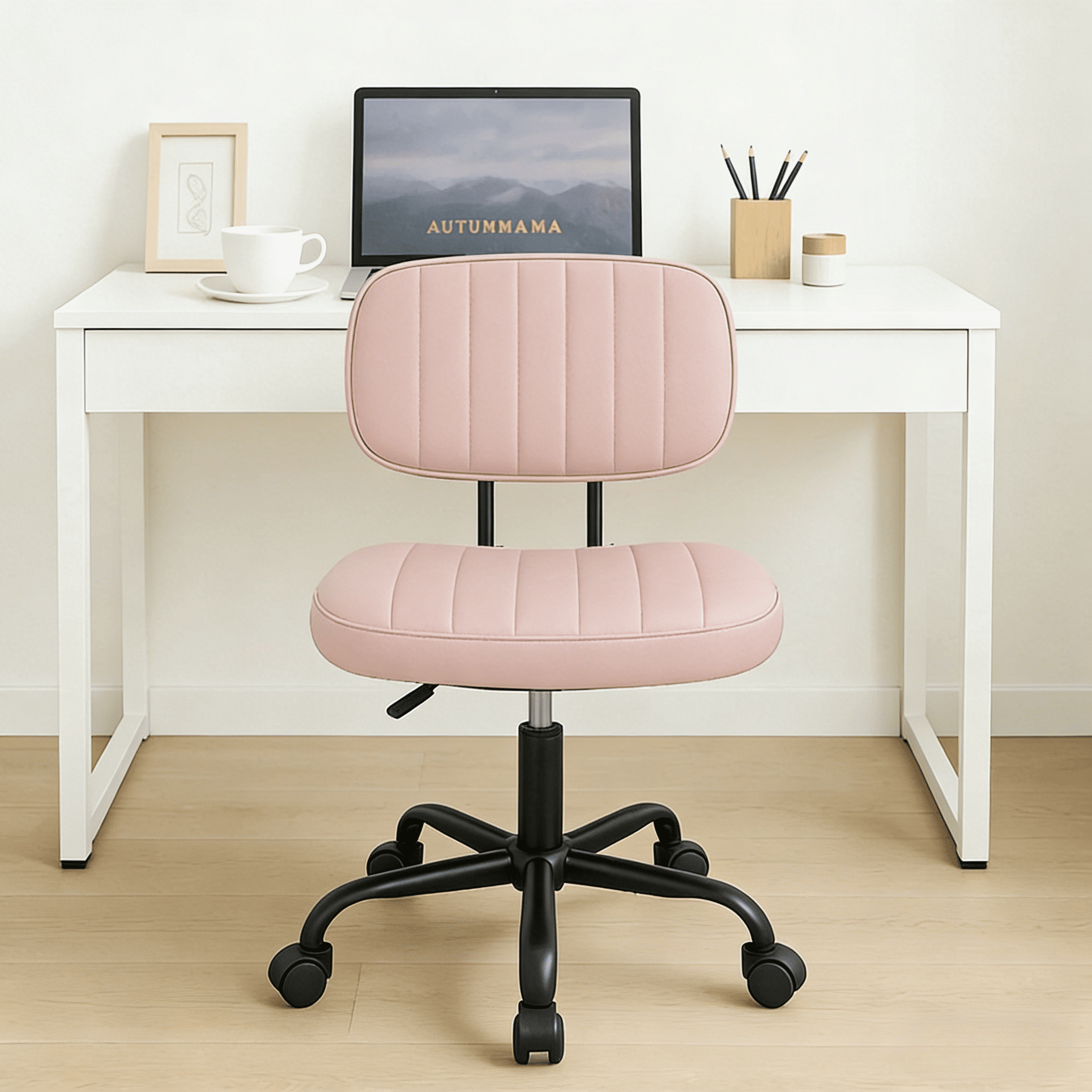 CONCETTA Ergonomic Home Office PU Leather Desk Chair, Small Space, Armless Rolling Chair for Adults, Pink