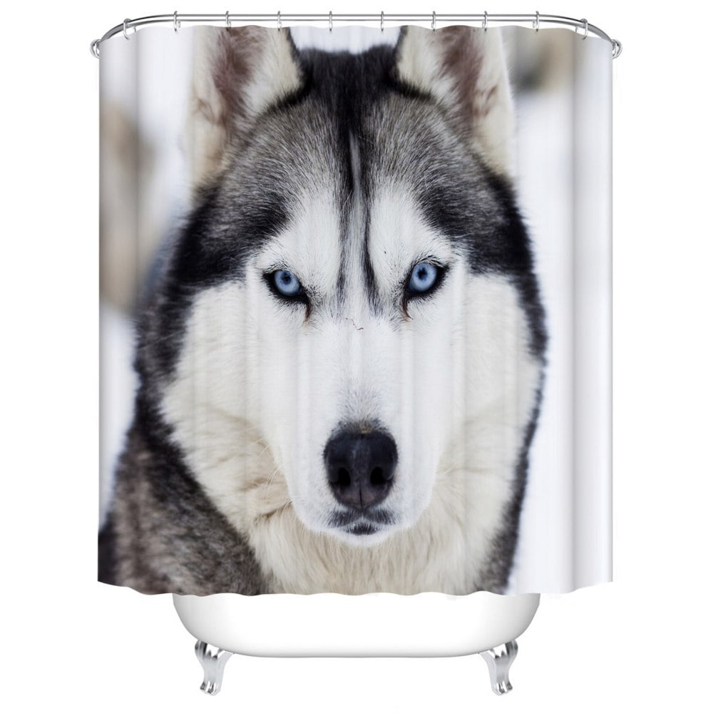 Pet Dog Husky Animal Decor Waterproof Bathroom Fabric Shower Curtain & Hooks 71" 