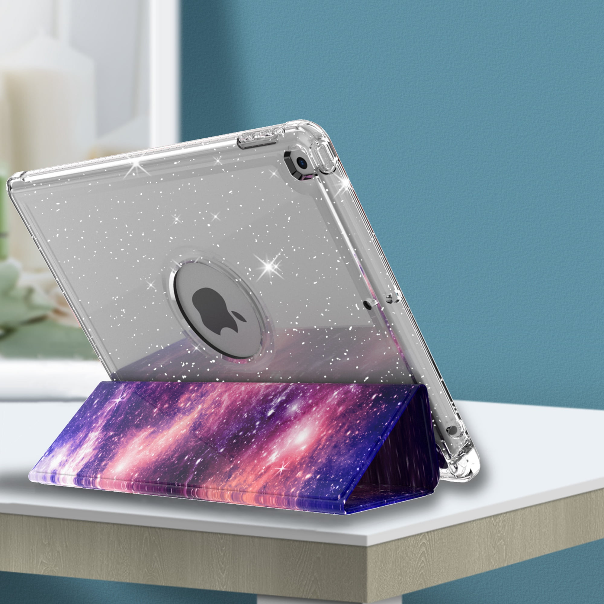 Dteck Compatible with iPad 8th Generation / iPad 7th Generation Case, iPad 10.2 Inch Cases with Pencil Holder, Flip Smart Case Trifold Stand Glitter Clear Back Cover,02 Galaxy
