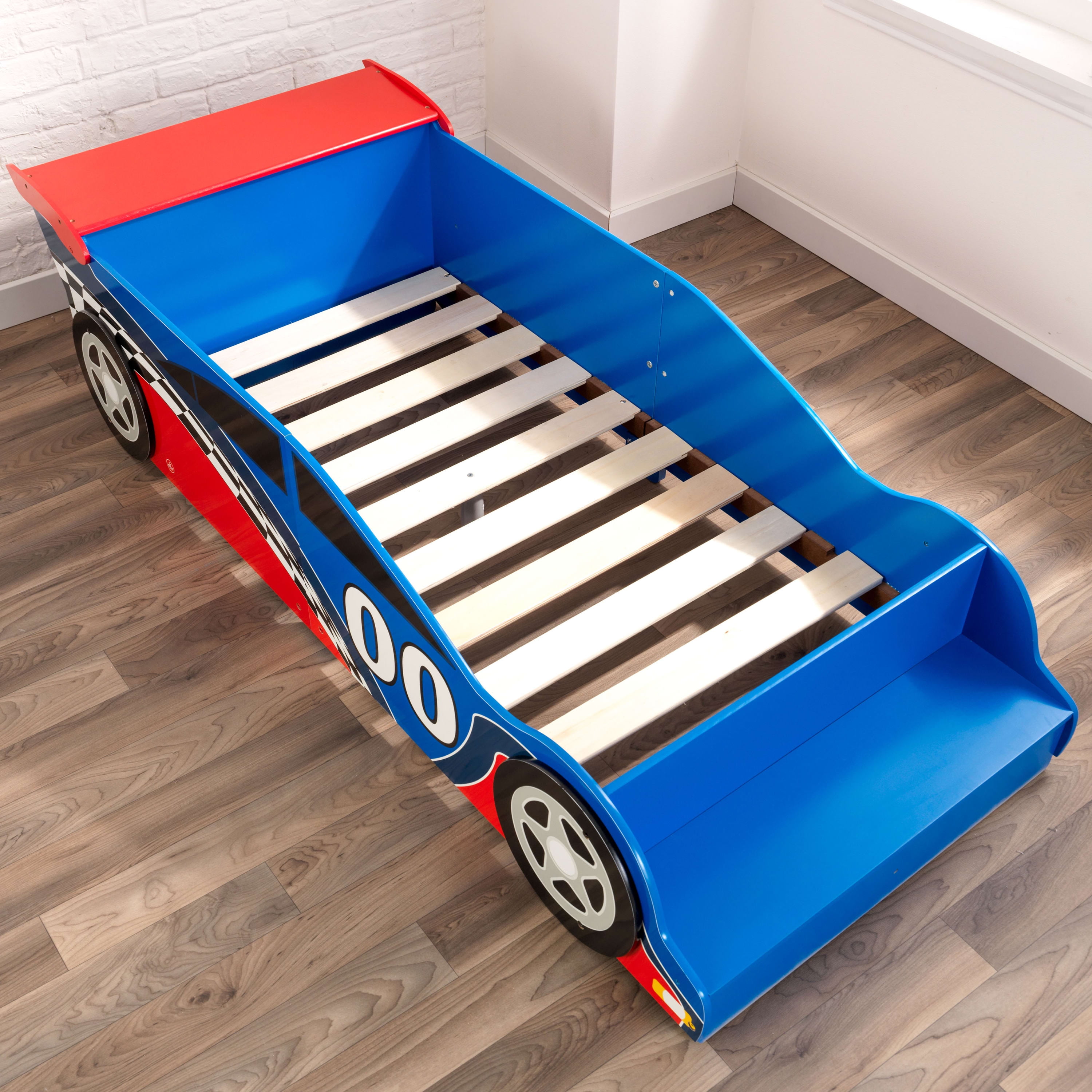 Blue KidKraft Racecar Low to Ground Sturdy Kids and Toddler Bed with Bench 