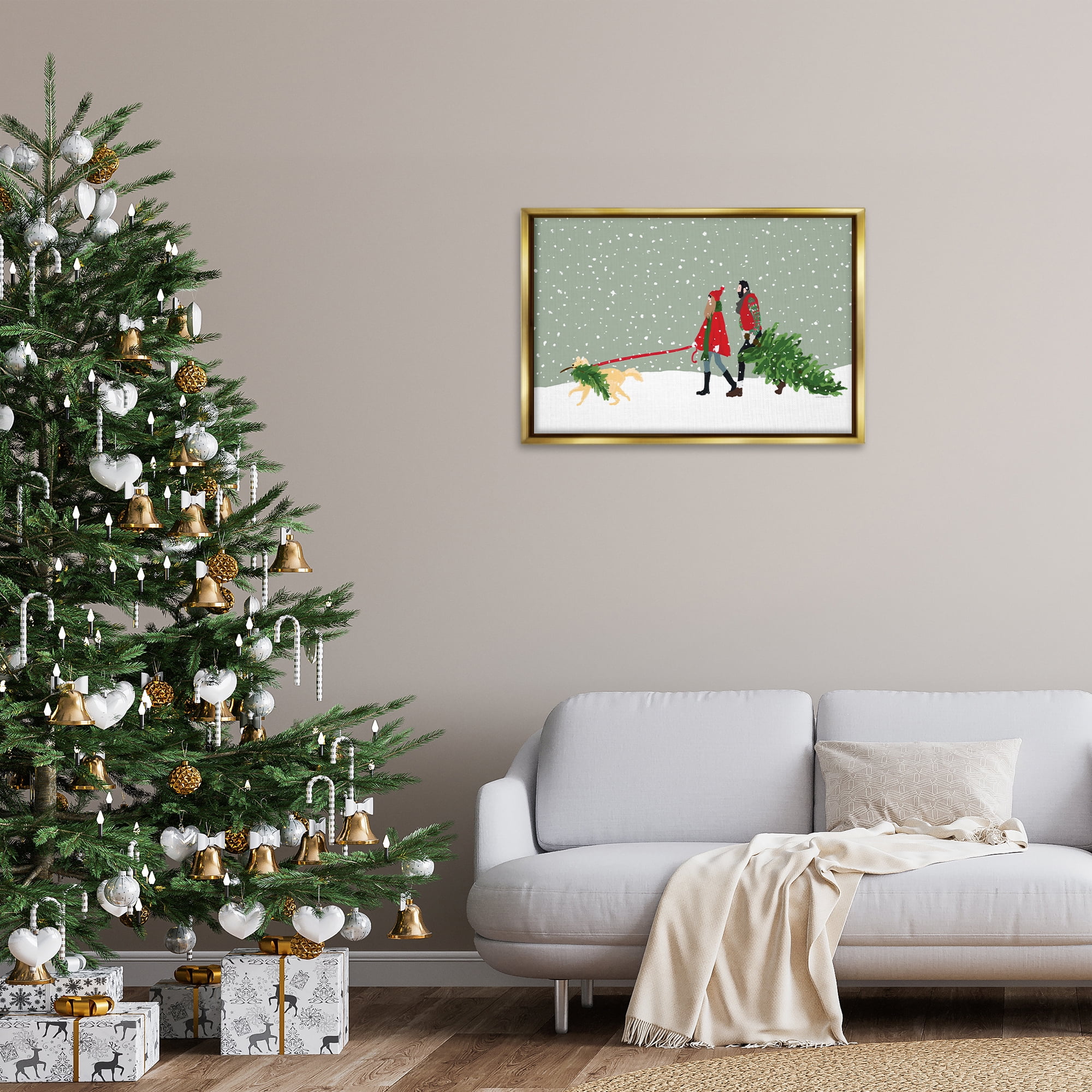 Stupell Industries Couple with Christmas Tree Holiday Painting Gold Floater Framed Canvas Art Prints Wall Art, 31 x 21