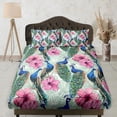 thumbnail image 1 of Pink Hibiscus And Peacock Bedsheet, Floral Prints, Aesthetic Boho Bedding Set, 1 of 5