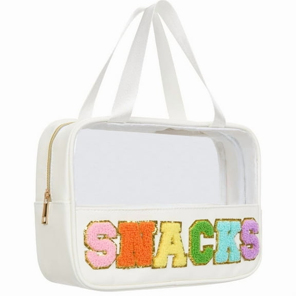 Soda Candy Toiletry Bag, Large Waterproof Clear Makeup Bag for Women Preppy Patch Cosmetic Bag Chenille Letter Snack Bag for Travel