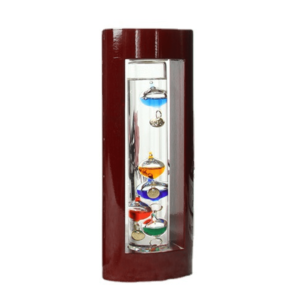 Glass Galileo Thermometer, A Design with MultiColored Spheres in a Cherry Finished Wood Frame