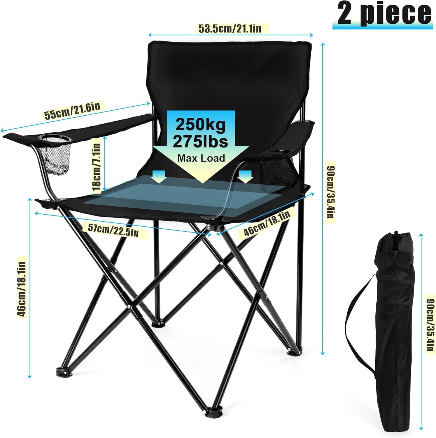 Foldable Camping Chair Set of 2, Folding Camp Chairs for Adults, Large Portable Lawn Chair for Outdoors Fishing, Hiking, Travel, Picnic, Beach, Supports 275lbs & Include Storage Bags