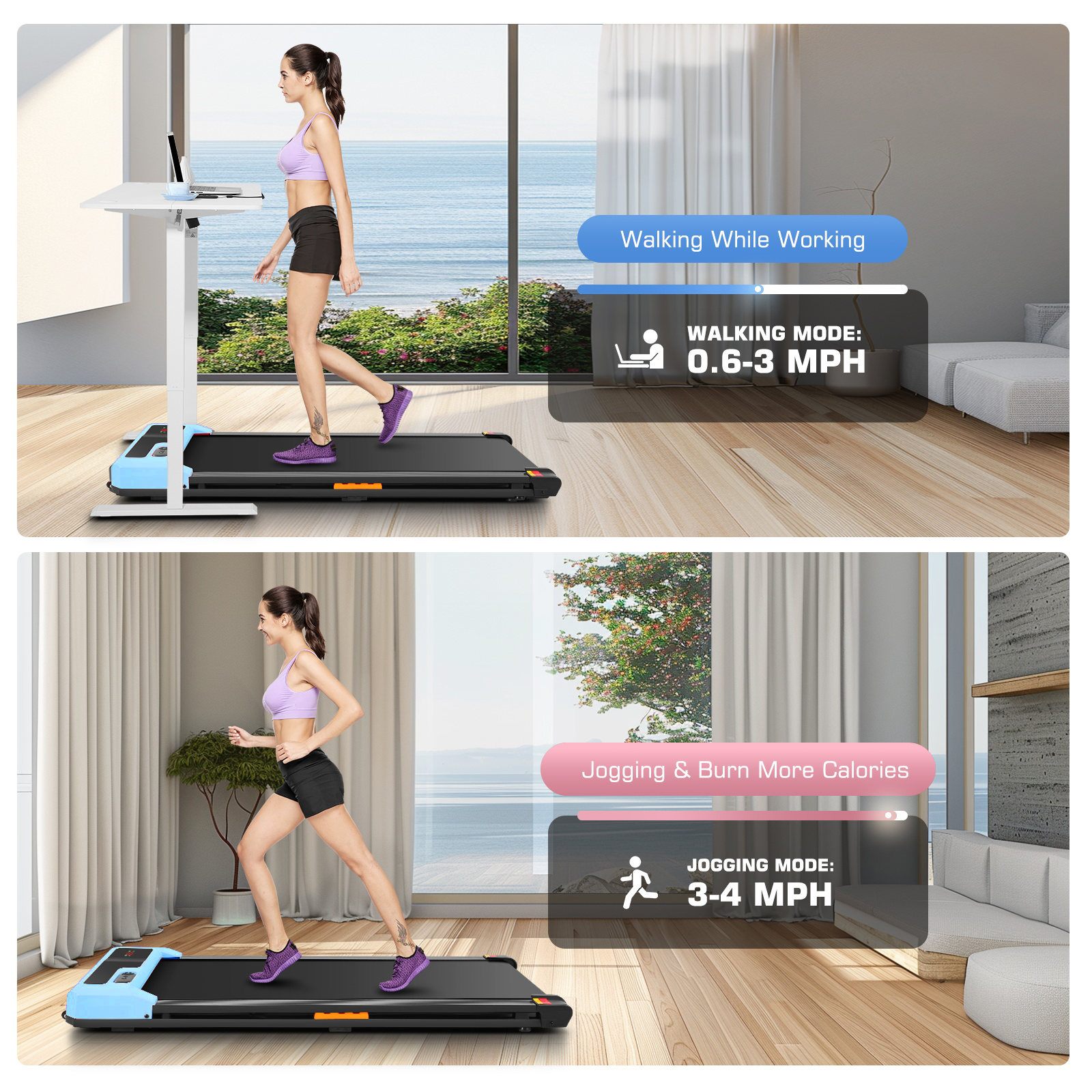 Walking Pad treadmill with Shock-absorbing Rubber,2 in 1 Under Desk Treadmill with Remote Control,300lbs Portable Treadmill with 3 Custom Modes for Home/Office
