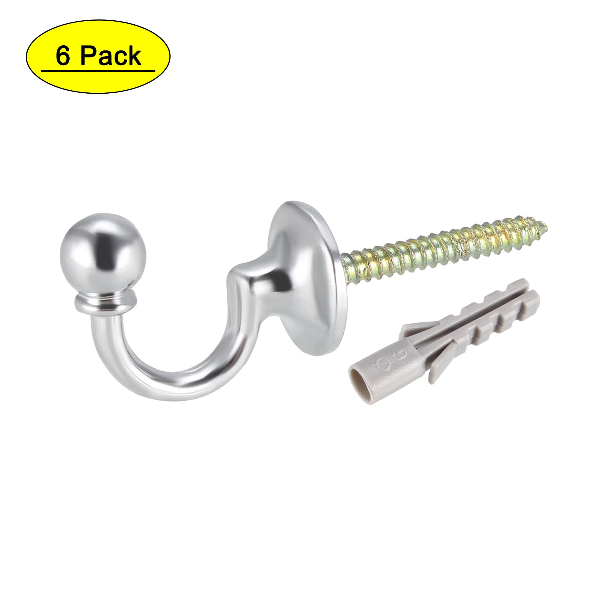 Uxcell Decorative Curtain Drapery Holdback with Ball Wall Mounted Hook Metal Silver 2.4' x 0.94' x 0.71' 6 Pack