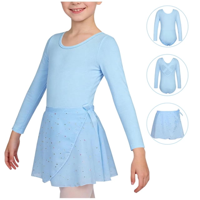 Conjuntos de blusas y camisas de cuello redondo y manga larga Ropa de baile para niñas Vestido de práctica de red con lentejuelas de manga larga con espalda en forma de corazón Conjunto de dos piezas