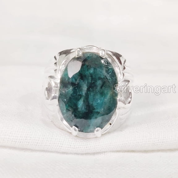 Emerald Corundum Mans Ring, Natural Emerald Corundum, May Birth Ring, Silver Jewelry, 925 Silver Ring, Gift, Heavy Mens Ring, Arabic Design, Ottoman Style Ring, Christmas, Turkey Mens Signet Ring