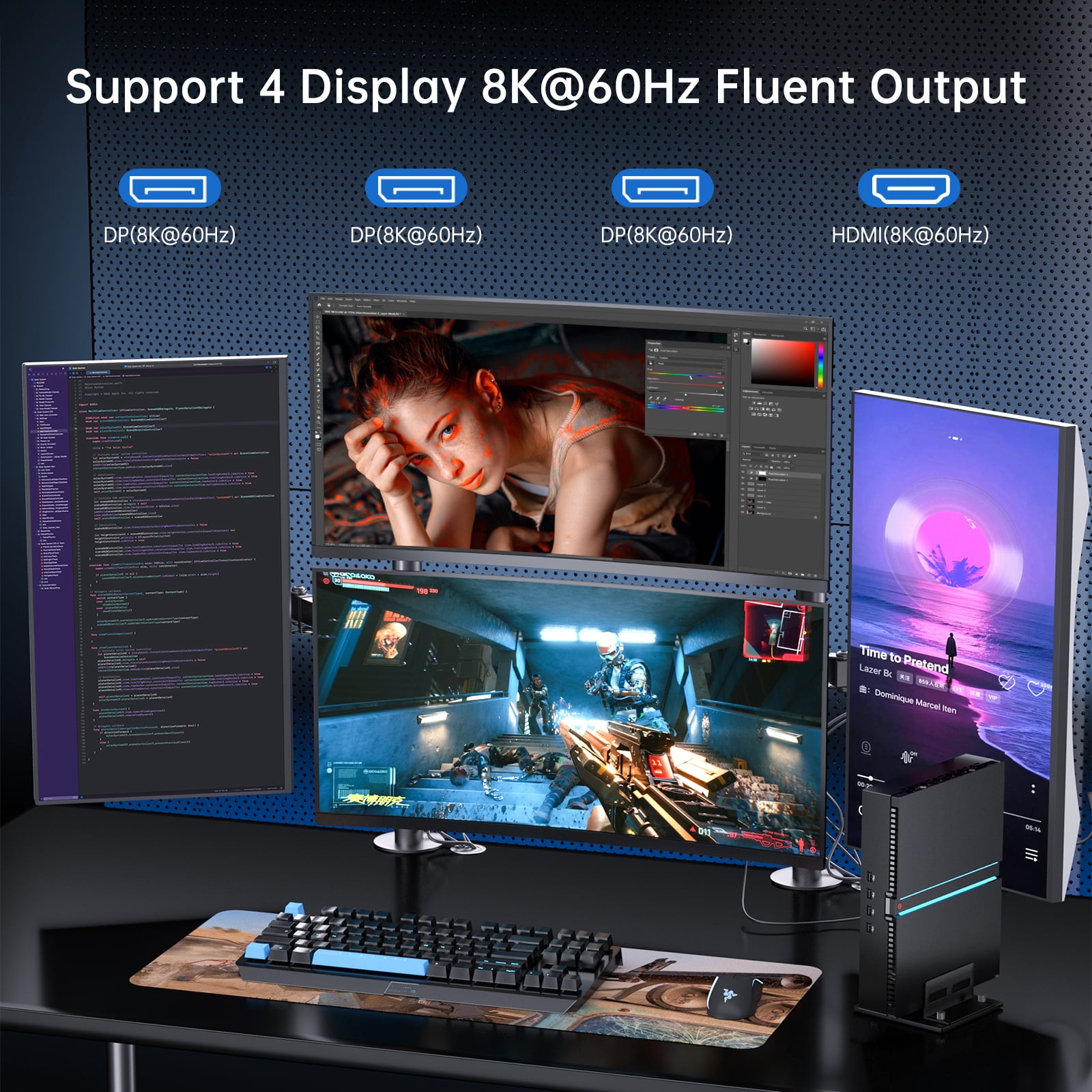 Thdeukoty Mini Gaming PC, 14Th Intel Core I7-14700F(Up to 5.4GHz) 20 Cores 32 Threads, Desktop Computer With RTX4070, Win11 Pro/64G DDR5 RAM/2T M.2 SSD/WiFi6E/8K@60Hz Four Display