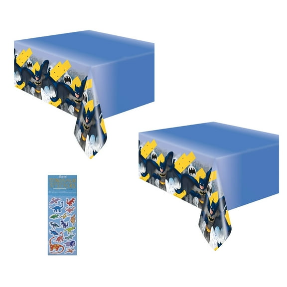 Batman Birthday Party Supplies Bundle Pack Includes 2 Plastic Table Covers and 1 Dinosaur Sticker Sheet