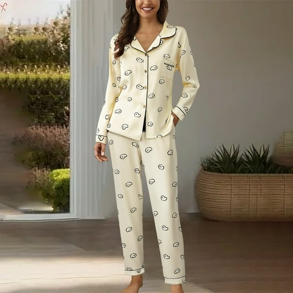 BILIKEYU Women's Casual Lapel Button Print Two Piece Long Sleeve Pajamas, Button Up Pajamas for Women, Two Piece Sets for Women Fall, Womens Loungewear Set