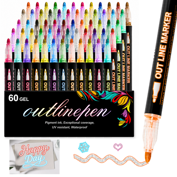 60 Outline Glitter Markers, Double Line Self Outline Metallic Shimmer Pens for Doodle Drawing, Greeting Cards, Journaling, Scrapbooking, DIY Art Crafts and Gifts