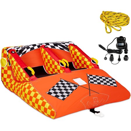 Sunny & Fun Towable Water Tube 1-2 Person Inflatable Boat with Cushion Seats Red for Watersports