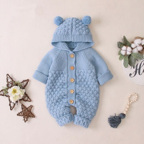 Nituyy Cute Newborn Baby Boy Girl Romper Jumpsuit Outfit Knitted Hooded Sweater Clothes Blue