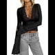 thumbnail image 3 of Blusas de Encaje con Cuello en V y Larga para Salir para Mujer Negro L, 3 of 5