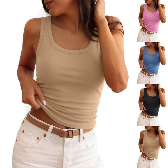 Women's Tank Tops Shirts,U-Neck Sleeveless Solid Color Slim Fit Tops with Built-In Pads,Womens Summer Clothing Khaki L