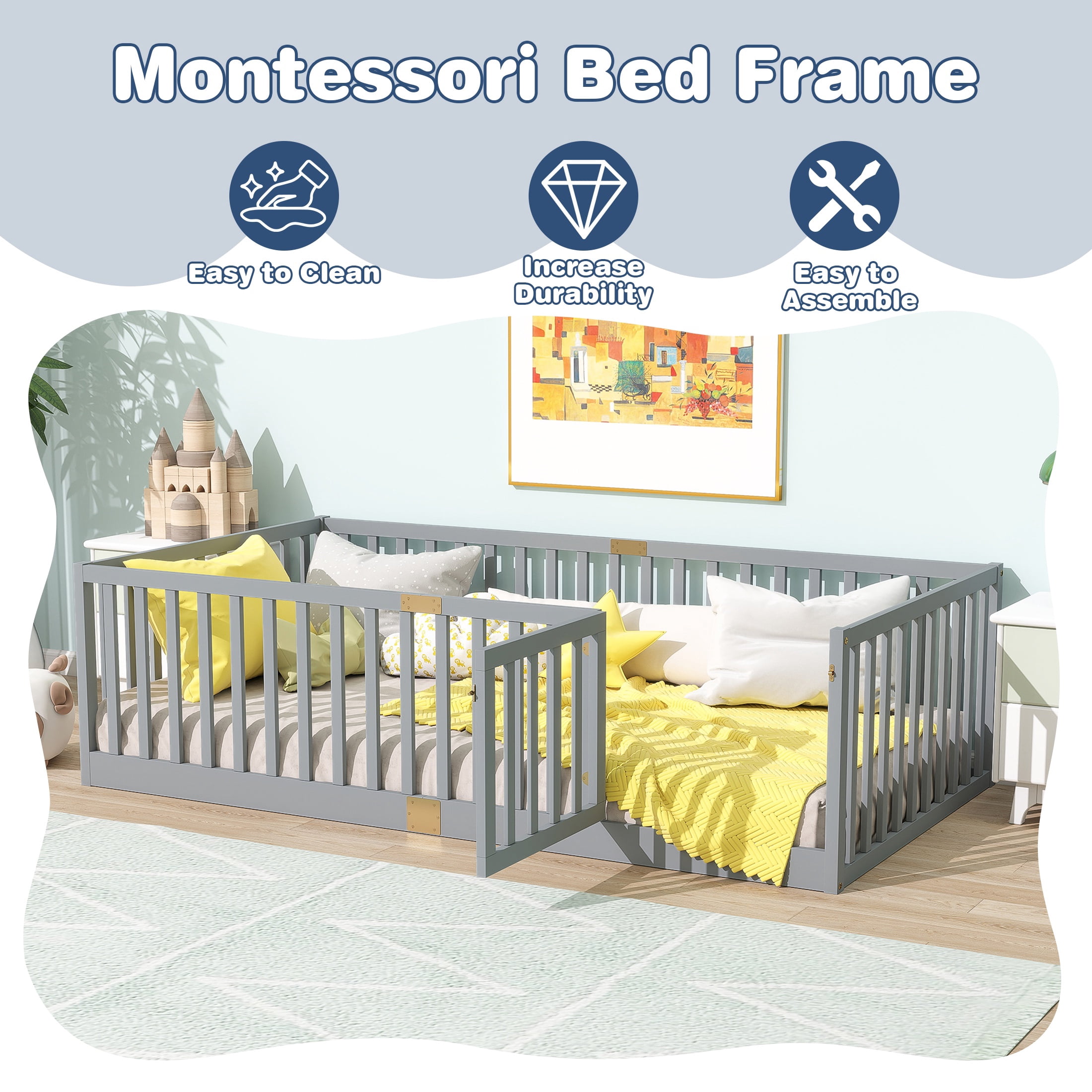 Sesslife Twin Size Floor Bed with High Fence & Door, Wood Twin Bed Frame with Salts and 21.5” Safety Guardrails, Twin Floor Bed for Boys Girls, No Box Spring Needed, Grey