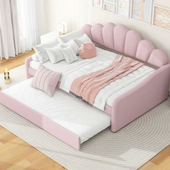 Pink Upholstered Daybed With Stable Structure And Trundle - Charming Back Space-saving Fashionable