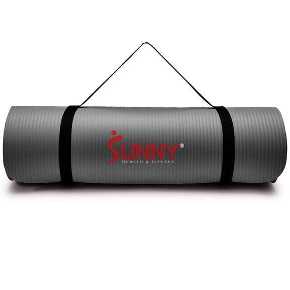 Sunny Health & Fitness Premium 1/2-Inch Extra Thick Exercise Yoga Mat Non-Slip High Density Pilates and Floor Workout Elastic Strap Portable with Carrying Strap- Grey - 74 x 24 Inches - SF-EM03-GY