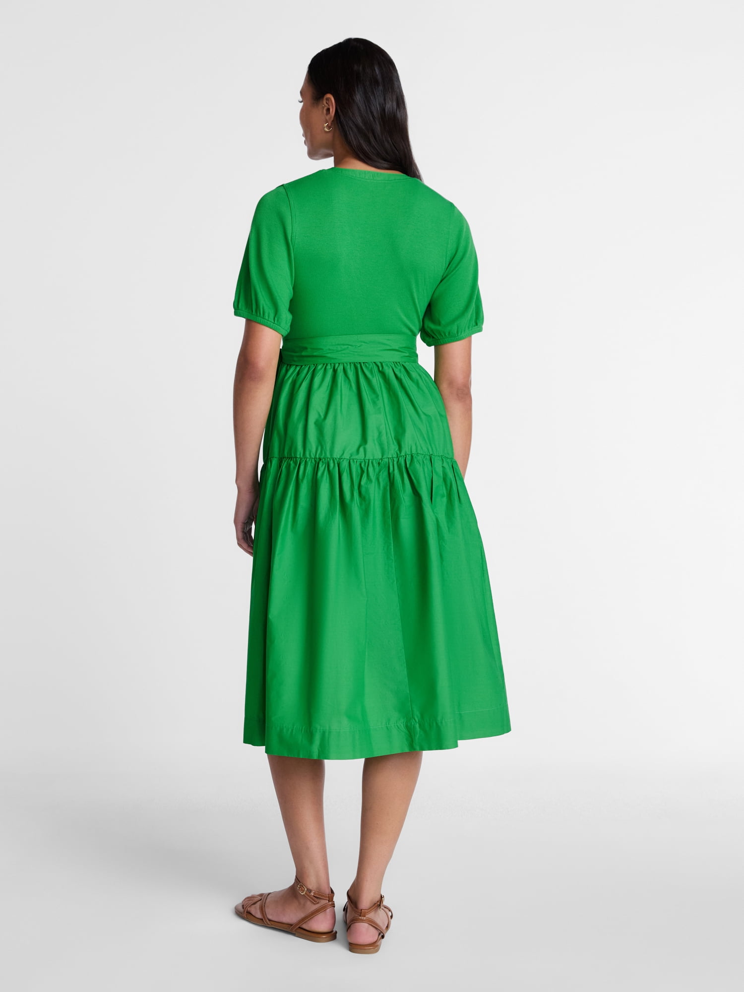 Time and Tru Women's Mixed Media Midi Dress with Puff Sleeves, Sizes XS-XXXL