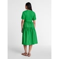 thumbnail image 3 of Time and Tru Women's Mixed Media Midi Dress with Puff Sleeves, Sizes XS-XXXL, 3 of 5