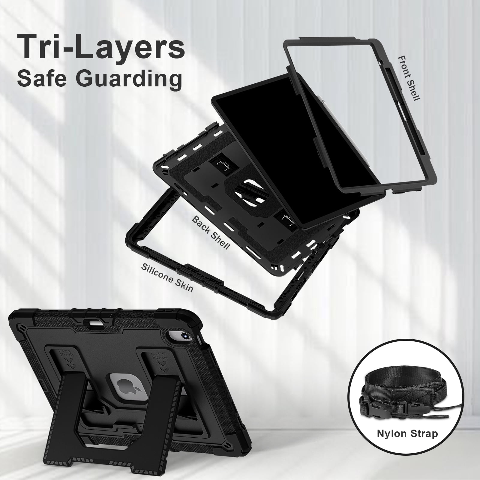 Rugged Case for Apple iPad Air 13 Inch M4 M3 M2 2026/2025/2024, Heavy Duty Tablet Case with Kickstand, Pencil Holder & Detachable Shoulder Strap, Black