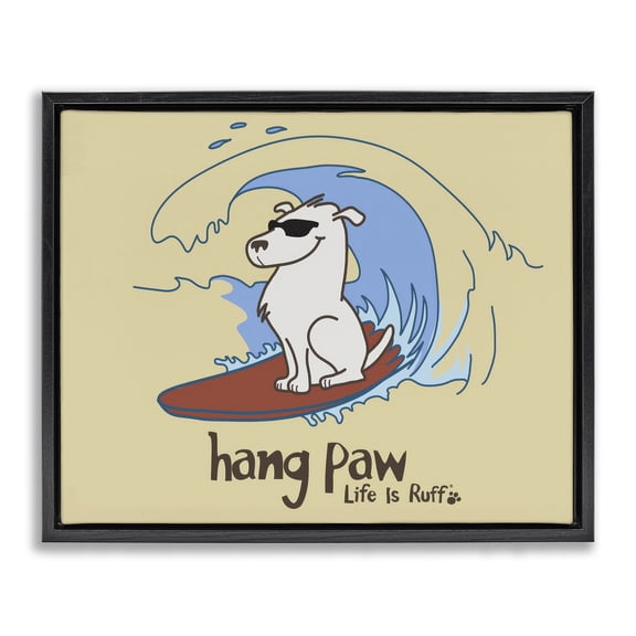 Stupell Industries Hang Paw Surfing Dog Animals Painting Black Floater Framed Canvas Art Print Wall Art, 21 x 17