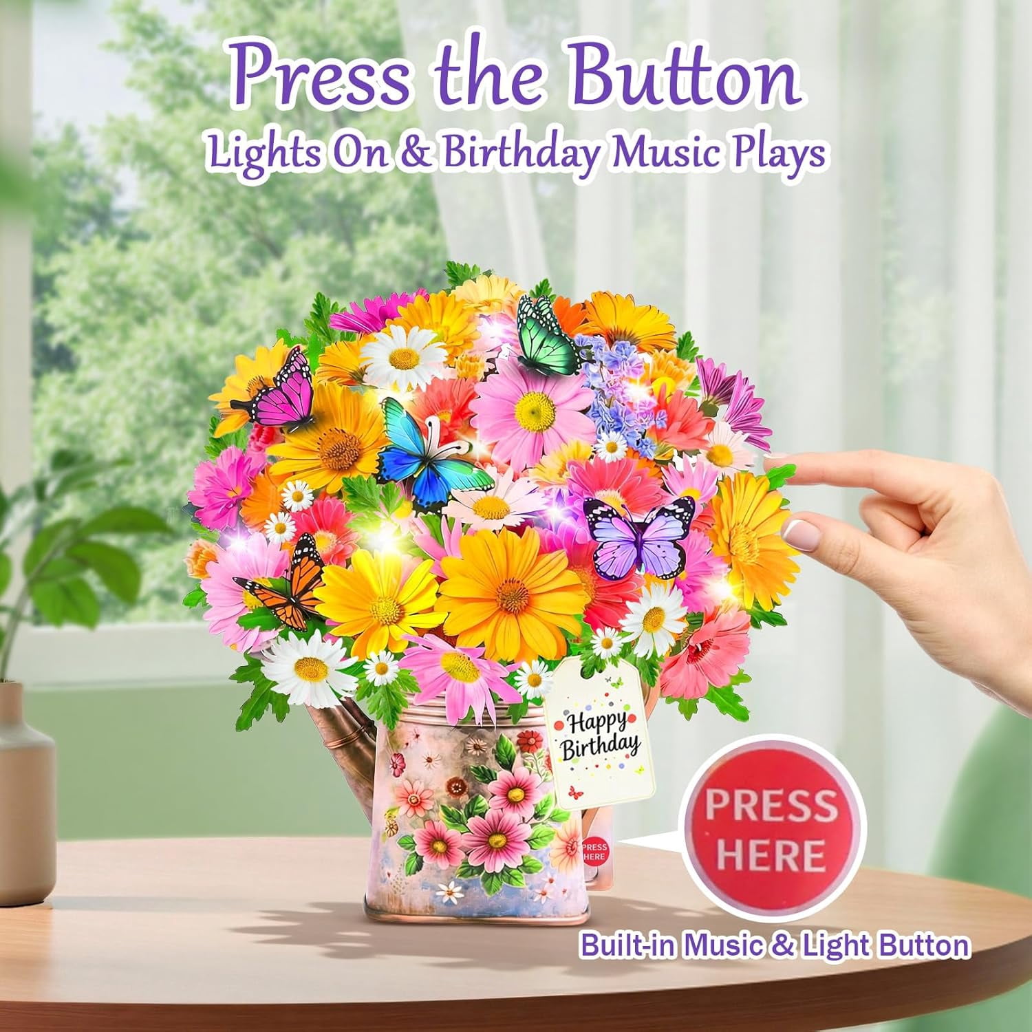 Gerbera Daisy and Butterflies Birthday Cards with Light Music, Forever Flower Bouquet Happy Card, 10 Inch Life Sized , 3D Pop Up Gift Card for Women Wife Daughter Mom Sister