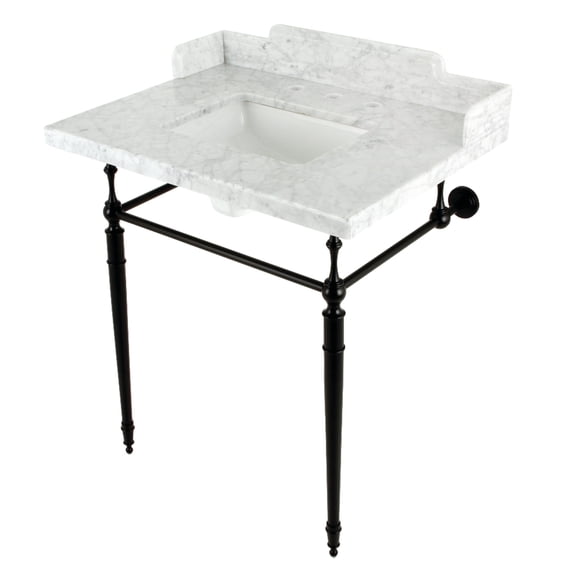 Kingston Brass LMS3022M8SQ0 Habsburg 30" Carrara Marble Console Sink with Brass Legs (8-Inch, 3-Hole), Carrara Marble White/Matte Black