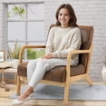 thumbnail image 4 of PAPROOS Accent Chair Set of 2, Mid-Century Modern Armchair with Solid Wood Frame and Pillow, PU Leather Upholstered Reading Chair for Living Room Bedroom, Brown, 4 of 11