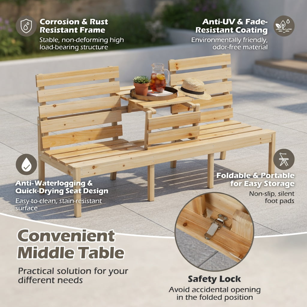 Hommoo Outdoor Folding Fir Wood Patio Bench with Built-in Center Table, Rustic Garden Seating for Backyard, Porch, or Deck, Natural